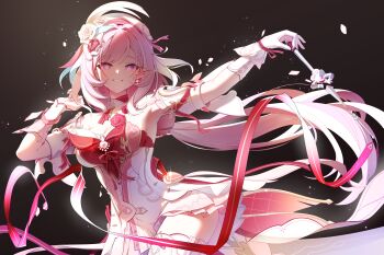 1girl absurdres beret breasts commentary_request diamond-shaped_pupils diamond_(shape) dress elf elysia_(hi_love_elf)_(honkai_impact) elysia_(honkai_impact) gloves grey_background hat highres holding holding_wand honkai_(series) honkai_impact_3rd jingxinzhiyun large_breasts long_hair looking_at_viewer pink_hair pointy_ears purple_eyes red_dress red_ribbon ribbon simple_background single_glove smile solo symbol-shaped_pupils thighs two-tone_dress very_long_hair wand white_dress white_gloves