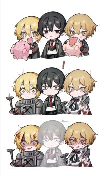 ! +_+ 1girl 2boys :d :o absurdres black_eyes black_hair black_jacket blonde_hair blood blood_in_hair blood_on_clothes blood_on_face blush bongy_(project_moon) chibi chibi_only collared_shirt cropped_torso don_quixote_(project_moon) evil_smile fading frown hair_between_eyes highres jacket jacket_on_shoulders limbus_company male_focus mu46016419 multiple_boys n_corp._fanatic_(identity)_(project_moon) nail_(hardware) necktie open_mouth project_moon red_necktie sequential shirt short_hair simple_background sinclair_(project_moon) slit_pupils smile stuffed_toy sweatdrop white_background white_shirt wide-eyed yellow_eyes yi_sang_(project_moon)
