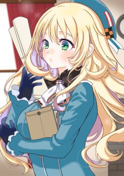 1girl absurdres atago_(kancolle) blonde_hair blue_eyes blurry blurry_background bow breasts curtains gloves hat highres holding indoors jacket kantai_collection large_breasts long_hair neko_to_imo paper solo standing upper_body white_bow window