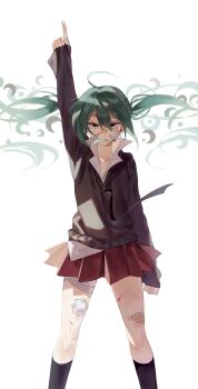 1girl ahoge aqua_hair bandage_on_cheek bandage_on_face bandaged_head bandaged_leg bandages bandaid bandaid_on_face bandaid_on_nose black_necktie black_socks black_sweater bruise bruise_on_leg clenched_hand closed_mouth collared_shirt commentary crescent cuts floating_hair hair_between_eyes hatsune_miku highres index_finger_raised injury kneehighs legs_apart long_hair looking_at_viewer loose_necktie miniskirt necktie pleated_skirt pointing pointing_up red_skirt rolling_girl_(vocaloid) samsap school_uniform shirt skirt socks solo standing sweater twintails undershirt v-shaped_eyebrows vocaloid white_background