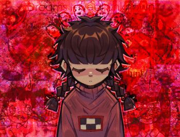 3girls blurry blurry_background braid brown_hair closed_eyes closed_mouth facing_viewer linterteatime long_hair long_sleeves madotsuki messy_hair monoe monoko mosaic_pattern multiple_girls pink_shirt pink_sweater red_skirt shirt skirt straight-on sweater turtleneck twin_braids twintails yume_nikki