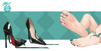 Rule 34 | 1girl, bare legs, barefoot, black footwear, crossed legs, feet, foot focus, greek toe, green background, green nails, green ribbon, high heels, highres, jewelry, leg tattoo, legs, liang mu, nail polish, ribbon, shoes, soles, solo, tattoo, toenail polish, toenails, toes, unworn shoes