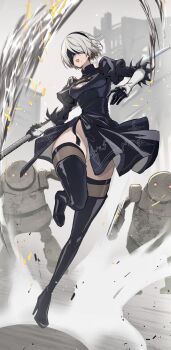 1girl 2b_(nier:automata) black_boots black_dress black_gloves black_hairband black_thighhighs black_visor blindfold boots breasts cleavage_cutout clothing_cutout dress feather_trim full_body gloves grey_hair hairband high_heel_boots high_heels highres holding holding_weapon juliet_sleeves leotard long_sleeves medium_breasts mole mole_under_mouth nekoyana nier_(series) parted_lips puffy_sleeves short_hair side_slit solo thigh_boots thighhighs turtleneck turtleneck_dress weapon white_leotard