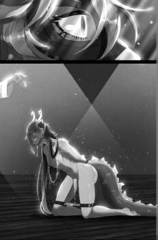 2boys bound bound_wrists dragon_horns dragon_tail gagged gagged_male genshin_impact greyscale highres horns kneeling leaking long_hair male_focus masked masked_male monochrome multiple_boys myosotis_ss nipple_chain nipple_stimulation nipples tail tartaglia_(genshin_impact) zhongli_(genshin_impact)