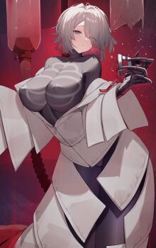 Rule 34 | 1girl, black bodysuit, blue eyes, bodysuit, breasts, broken glass, chunta, clawed gauntlets, closed mouth, coat, commentary, covered erect nipples, e.g.o (project moon), expressionless, eyes visible through hair, faust (project moon), feet out of frame, glass, grey hair, hair over one eye, highres, intravenous drip, large breasts, limbus company, looking at viewer, mask, off shoulder, oxygen tank, partially unzipped, project moon, respirator, short hair, sleeping bag of a bygone day, solo, standing, straitjacket, thoracalgia (e.g.o), white coat, zipper, zipper pull tab