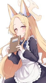 1girl absurdres alternate_costume animal_ear_fluff animal_ears apron blonde_hair blue_archive blue_bow blue_bowtie bow bowtie commentary_request cowboy_shot enmaided flower forehead fox_ears fox_girl frilled_apron frills hair_flower hair_ornament halo highres holding holding_menu long_hair long_sleeves looking_at_viewer maid maid_apron menu orange_eyes parted_bangs print_bow print_bowtie seia_(blue_archive) shirakawaui sidelocks simple_background smile solo standing white_apron white_background yellow_halo