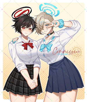 2girls asuna_(blue_archive) asuna_(school_uniform)_(blue_archive) black_hair black_halo black_skirt blue_archive blue_bow blue_bowtie blue_halo blue_skirt blush bow bowtie breasts hair_over_one_eye halo highres long_sleeves multiple_girls red_bow red_bowtie red_halo rio_(blue_archive) school_uniform shirt short_hair skirt smile traditional_bowtie white_shirt yoghurtstripper