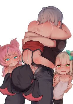 1boy 3girls 69 age_difference ahoge aqua_bow aqua_eyes aria_(zenless_zone_zero) ass bare_shoulders bisexual_female black_hair blonde_hair blue_eyes blue_hair blush bottomless bow camisole clenched_hands cunnilingus fang fellatio green_bow green_eyes grey_hair grin hair_bow hair_bun harem hetero jack_rockhardt loli loli_harem long_hair looking_at_another multicolored_hair multiple_girls nangong_yu open_mouth oral pink_hair pussy_juice red_hair shirt short_hair simple_background smile smug strap_slip streaked_hair sunna_(zenless_zone_zero) suspended_congress sweat tank_top tearing_up tears twintails two-tone_hair white_background white_camisole wise_(zenless_zone_zero) zenless_zone_zero