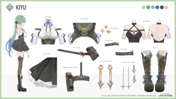 1girl back belt belt_pouch black_boots black_choker black_dress blue_hair boots breasts brown_thighhighs center_frills charon_universe choker criss-cross_halter dress frills from_side green_hair halterneck highres kiyu_(charon_universe) knee_boots large_breasts long_hair modare multicolored_hair official_art pouch sleeveless sleeveless_dress thighhighs two-tone_hair very_long_hair virtual_youtuber