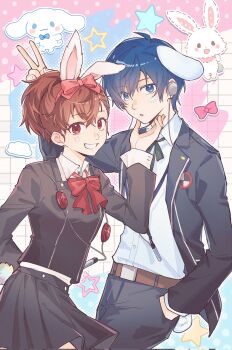 1boy 1girl animal_ears black_jacket black_pants black_skirt blue_eyes blue_hair bow bow_hairband bowtie brown_hair cinnamoroll collared_shirt commentary_request dog_ears earphones fake_animal_ears fuwa_fuwa_cinnamoroll gegeblue gekkoukan_high_school_uniform grin hairband hand_in_pocket hand_on_another's_chin highres jacket long_sleeves looking_at_viewer mp3_player open_clothes open_jacket pants persona persona_3 persona_3_portable rabbit_ears red_bow red_bowtie red_eyes sanrio school_uniform shiomi_kotone shirt simple_background skirt smile star_(symbol) v white_shirt wish_me_mell yuuki_makoto_(persona_3)