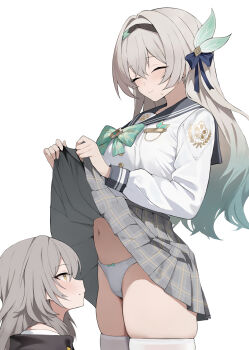 2girls absurdres aqua_bow aqua_bowtie aqua_hair black_hairband black_ribbon black_sailor_collar bow bowtie closed_eyes clothes_lift firefly_(honkai:_star_rail) firefly_(spring_missive)_(honkai:_star_rail) grey_hair grey_skirt hair_ribbon hairband highres honkai:_star_rail honkai_(series) lifting_own_clothes long_hair long_sleeves looking_at_panties multiple_girls navel official_alternate_costume panties redshark_(t373412) ribbon sailor_collar school_uniform serafuku simple_background skirt skirt_lift stelle_(honkai:_star_rail) stomach thighhighs thighs trailblazer_(honkai:_star_rail) underwear variant_set white_background white_panties white_thighhighs
