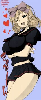 1girl breasts brown_hair crop_top crossed_arms green_eyes hair_ribbon haruka_(senran_kagura) large_breasts looking_at_viewer medium_hair miniskirt official_art one_eye_closed open_mouth rangertycho2077 ribbon school_uniform senran_kagura short_sleeves skirt third-party_edit wink