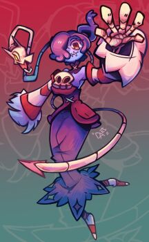 1girl artist_name bare_shoulders black_choker blue_hair blue_skin bone breasts choker closed_mouth colored_skin commentary detached_collar detached_sleeves diadantist dress english_commentary full_body gradient_background hair_over_one_eye highres large_breasts leviathan_(skullgirls) long_hair long_skirt looking_at_viewer no_shoes object_through_head outstretched_arms projected_inset red_background red_dress red_eyes red_sleeves red_socks short_hair side_ponytail simple_background skeletal_arm skirt skull skullgirls sleeves_past_fingers sleeves_past_wrists smile socks solo squigly_(skullgirls) standing standing_on_one_leg stitched_mouth stitches striped_clothes striped_sleeves striped_socks white_sleeves white_socks yellow_eyes zombie