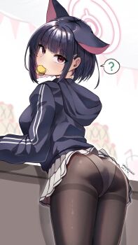 1girl ? absurdres animal_ears ass black_hair black_hoodie black_pantyhose blue_archive blunt_bangs colored_inner_hair cowboy_shot dated food halo highres hood hood_down hoodie kazusa_(blue_archive) long_sleeves macaron miniskirt mouth_hold multicolored_hair panties panties_under_pantyhose pantyhose pink_hair pleated_skirt short_hair signature skirt solo speech_bubble spoken_question_mark thighband_pantyhose two-tone_hair underwear upskirt vanillafox2035 white_panties white_skirt