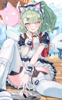 Rule 34 | 1girl, @ @, absurdres, animal ear hairband, animal ears, apron, black dress, black garter straps, breasts, cat ear hairband, cat ears, coffee, coffee mug, commentary request, cup, dress, fake animal ears, garter straps, green hair, hairband, highres, maid, maid apron, maid headdress, mug, official alternate costume, outdoors, ponytail, short hair, small breasts, solo, spill, sunna (afternoon tea break) (zenless zone zero), sunna (zenless zone zero), thighhighs, thighs, tsukimi yaya, white apron, white thighhighs, white wings, wings, wooden floor, zenless zone zero