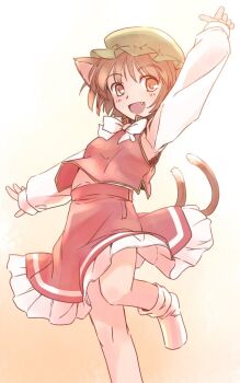 1girl :d animal_ears arm_up blush bow bowtie brown_hair cat_ears cat_girl cat_tail chen commentary_request fang green_hat hat knees leg_up long_sleeves mob_cap multiple_tails one-hour_drawing_challenge open_mouth orange_eyes outstretched_arm petticoat rangycrow red_skirt red_vest shirt short_hair sideways_glance skirt smile socks solo tail touhou two_tails vest white_bow white_bowtie white_shirt white_socks yellow_background