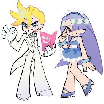 Rule 34 | 1boy, 1girl, :3, blue dress, blue eyes, blue shoes, cgtqrgttj927489, commentary request, cosplay, cousins, dress, earrings, frills, genderswap, genderswap (ftm), genderswap (mtf), gloves, grin, hair over one eye, headdress, high heels, highres, holding, holding menu, jewelry, long hair, menu, official alternate costume, panty &amp; stocking with garterbelt, panty (psg), panty (psg) (cosplay), polyester (psg), polyester (psg) (cosplay), purple hair, red eyes, shoes, short dress, simple background, smile, standing, tuxedo, white background, white gloves, wrist cuffs