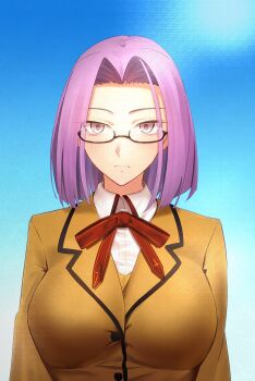 1girl alternate_hair_length alternate_hairstyle breasts commentary_request fate_(series) forehead glasses highres homurabara_academy_school_uniform large_breasts medusa_(fate) minami_koyogi pink_eyes portrait purple_hair school_uniform serious solo square_pupils
