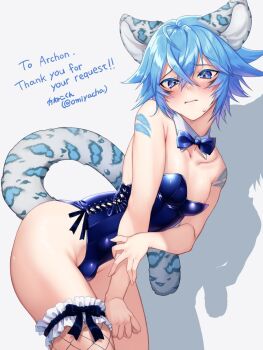 ! !! 1boy ahoge animal_ears archon_eclipse artist_name bare_shoulders bent_over blue_eyes blue_hair blush bow bowtie bulge commission cowboy_shot detached_collar fishnet_thighhighs fishnets hair_between_eyes highres indie_virtual_youtuber leopard_boy leopard_ears leopard_tail leotard looking_at_viewer male_focus omiyacha single_thighhigh skeb_commission sleeveless solo strapless strapless_leotard sweat tail thighhighs trap twitter_username virtual_youtuber watermark