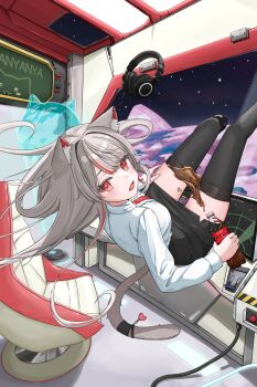 1girl absurdres animal_ear_fluff animal_ears black_skirt black_thighhighs blush bottle cat_ears cat_girl cat_tail center_frills chair coca-cola commentary_request floating floating_hair floating_object foot_out_of_frame frilled_shirt frills from_above from_behind grey_hair headphones highres holding holding_bottle jjalbaaaaa korean_commentary long_hair long_sleeves looking_at_viewer looking_back looking_up miniskirt multicolored_hair neneko_mashiro open_mouth parted_bangs pencil_skirt planet red_streaks shirt shirt_tucked_in skirt soda soda_bottle solo space spacecraft_interior star_(sky) stellive streaked_hair tail taut_clothes taut_skirt thighhighs turning_head virtual_youtuber white_shirt zero_gravity zettai_ryouiki