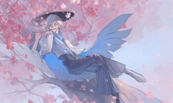 Rule 34 | 1boy, absurdres, black boots, blue cape, blue eyes, blue pants, blue shirt, boots, branch, cape, cherry blossoms, chinese commentary, commentary request, covered mouth, crossed legs, earrings, expressionless, facing viewer, feather earrings, feathers, flower, full body, hair between eyes, hair through headwear, hand on own knee, hand up, hat, high-waist pants, highres, holding, holding branch, in tree, jewelry, looking to the side, male focus, medium hair, open hat, pants, petal on body, petals, pink flower, pink petals, pleated pants, pointy ears, ruo li, shirt, shirt tucked in, short hair, sideways glance, sitting, sitting in tree, sky: children of the light, solo, tree, two-sided cape, two-sided fabric, white cape, white hair, white hat, wing cape, yellow eyes, zongsi600