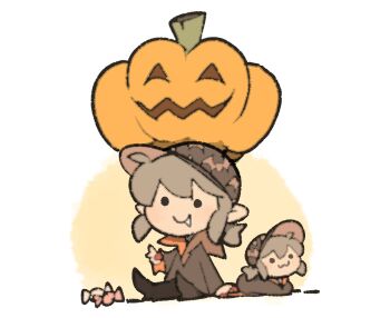 1girl :3 animal_print artist_self-insert bat_print brown_hair brown_hat candy chibi chibi_only closed_mouth commentary dual_persona english_commentary fang food full_body halloween hat holding holding_candy holding_food jack-o'-lantern original pointy_ears print_hat pumpkin_on_head simple_background sitting smile solid_circle_eyes tem_loaf_(temmie_chang) temmie_chang temmie_chang_(character) white_background wrapped_candy