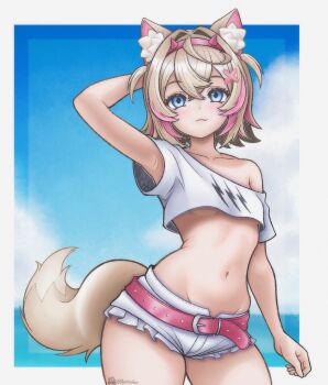 1girl absurdres animal_ear_fluff animal_ears antilerhour arm_behind_head artist_name belt blue_eyes border breasts brown_hair closed_mouth collarbone commentary cowboy_shot crop_top dog_ears dog_girl dog_tail fake_horns hair_ornament hairband highres hololive hololive_english horn_hairband horns looking_at_viewer mococo_abyssgard multicolored_hair navel outside_border pink_belt pink_hair pink_hairband shirt short_hair short_shorts shorts single_off_shoulder small_breasts solo stomach streaked_hair tail underboob virtual_youtuber white_border white_shirt white_shorts x_hair_ornament