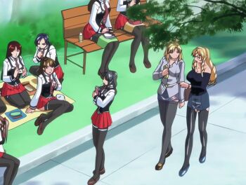 00s 2007 6+girls animated animated_gif anime_screenshot bag bare_shoulders bench bento bible_black bible_black_new_testament black_thighhighs blonde_hair blue_eyes book bow bowtie braid braided_ponytail braided_sidelock breasts brown_hair crossed_arms dark_thighhighs day drill_hair earrings glasses grass green_eyes grey_hair hair_ornament hair_ribbon hetero huge_filesize imari_kurumi jewelry jody_crowley kiriya_saki large_breasts lipstick long_hair long_legs long_sleeves makeup medium_breasts multiple_girls necktie outdoors picnic pleated_skirt ponytail ribbon saeki_kaori school school_bag school_uniform serafuku shin_bible_black shiraki_rika shirt shoes short_hair side_ponytail sidelocks skirt smile suspenders tagme tan teacher thighhighs toudou_yuki twin_braids twintails white_shirt zettai_ryouiki