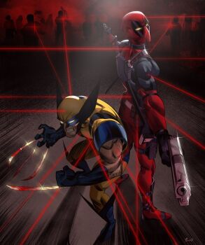 2boys black_bodysuit blue_boots blue_gloves bodysuit boots claws clenched_teeth dansartwork deadpool deadpool_&amp;_wolverine deadpool_(series) dual_wielding gloves gun handgun highres holding holding_gun holding_weapon james_howlett marvel multicolored_bodysuit multiple_boys red_bodysuit superhero_costume teeth two-tone_bodysuit weapon wolverine_(x-men) yellow_bodysuit