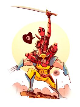 2boys absurdres artist_name commentary deadpool deadpool_&amp;_wolverine deadpool_(series) english_commentary highres holding holding_sword holding_weapon male_focus marvel marvel mikemaihack multiple_boys speech_bubble sword weapon white_background wolverine_(x-men)