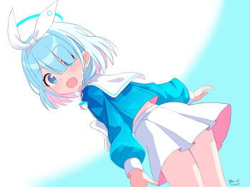 1girl :d absurdres aqua_background arona_(blue_archive) artist_name blue_archive blue_eyes blue_hair blue_halo blue_komett blue_pupils blue_shirt blush bow bow_hairband bowtie braid bright_pupils choker colored_inner_hair commentary cowboy_shot dated dutch_angle english_commentary from_behind hair_over_one_eye hairband halo highres leaning_forward legs_together long_sleeves looking_at_viewer looking_back midriff_peek miniskirt multicolored_hair open_mouth pink_hair pleated_skirt puffy_long_sleeves puffy_sleeves sailor_collar school_uniform serafuku shirt short_hair signature single_braid skirt sleeve_cuffs smile solo standing streaked_hair two-tone_background two-tone_hair white_background white_bow white_bowtie white_choker white_hairband white_sailor_collar white_skirt
