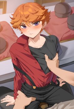 2boys arm_support black_pants blush chair collarbone commentary g1_(jjw00123) hand_on_another's_chest highres hikaru_no_go light_frown looking_at_viewer male_focus mitani_yuuki multiple_boys orange_hair paid_reward_available pants partially_unbuttoned pov pov_hands purple_eyes red_shirt shirt short_hair sitting sitting_on_person straddling suspenders suspenders_slip table white_shirt yaoi
