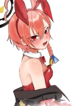 1girl a0mmti_2304 absurdres ahoge animal_ears bare_shoulders blue_archive bow bowtie braid breasts detached_collar fake_animal_ears halo highres huge_ahoge jacket jacket_partially_removed leotard looking_at_viewer mole mole_under_each_eye mole_under_eye multiple_moles neru_(blue_archive) neru_(bunny)_(blue_archive) official_alternate_costume open_mouth playboy_bunny print_jacket rabbit_ears red_bow red_eyes red_leotard simple_background small_breasts solo strapless strapless_leotard traditional_bowtie white_background