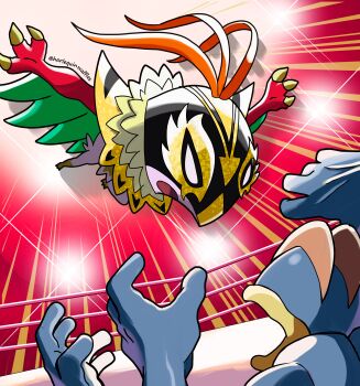 2others absurdres bird blank_eyes claws extra_arms fighting furry gen_1_pokemon gen_6_pokemon harlequinwaffles hawlucha highres looking_at_another luchador luchador_mask machamp mask mega_hawlucha mega_pokemon multiple_others nintendo open_mouth plume pokemon pokemon_(creature) pokemon_focus wings wrestling wrestling_ring