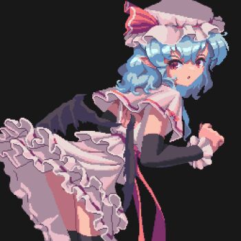 1girl :o ass_peek back back_cutout backless_outfit bat_wings bent_over black_background black_sleeves black_thighhighs black_wings blue_hair capelet clothing_cutout commentary detached_sleeves dress frilled_dress frilled_skirt frills from_behind from_side hair_between_eyes hat hat_ribbon leaning_forward looking_at_viewer looking_back medium_hair mob_cap open_mouth petticoat pink_capelet pink_dress pink_skirt pixel_art pointy_ears potemki11 red_eyes red_ribbon remilia_scarlet ribbon ribbon_trim shirt skirt slit_pupils solo thighhighs touhou upskirt wavy_hair wings wrist_cuffs