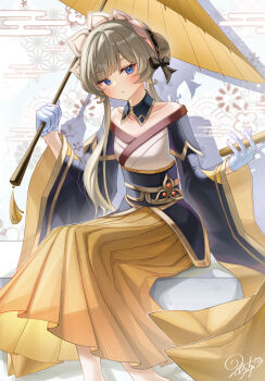 1girl alternate_costume bare_shoulders blue_eyes blush brown_hair closed_mouth collarbone commentary_request feet_out_of_frame genshin_impact gloves hair_bun highres holding holding_umbrella japanese_clothes kimono long_hair morocha1130 oil-paper_umbrella sandrone_(genshin_impact) signature umbrella white_gloves yellow_kimono