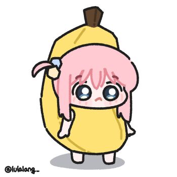 1girl :< banana_costume blue_eyes bocchi_the_rock! chibi chibi_only closed_mouth commentary cube_hair_ornament english_commentary full_body gotoh_hitori hair_ornament highres long_hair looking_at_viewer lulalang one_side_up pink_hair simple_background solo standing twitter_username white_background