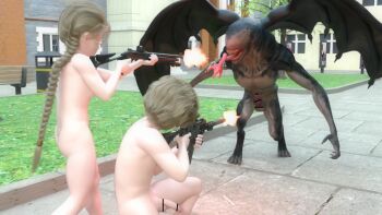 1boy 1girl 3boys 3d artist_request ass braid breasts censored demon loli monster multiple_boys nude outdoors penis peril shota small_breasts tagme weapon what wings