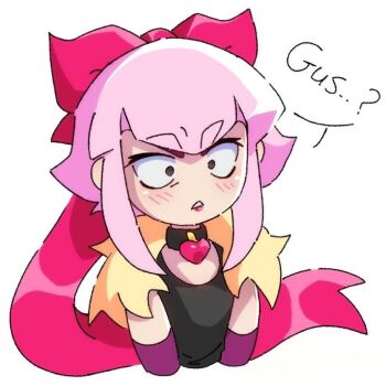 1girl annabird2520 blush bow brawl_stars choker english_text heart heart_choker melodie_(brawl_stars) non-web_source pink_hair sidelocks simple_background solo speech_bubble upper_body white_background wide-eyed