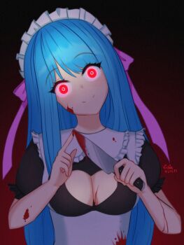 1girl alternate_costume black_background blood blood_on_clothes blood_on_face blood_splatter bloody_knife blue_hair breasts cleavage_cutout clothing_cutout commentary english_commentary enmaided frills glowing glowing_eyes gradient_background hair_ribbon head_tilt highres holding knife long_hair looking_at_viewer maid maid_headdress me!me!me! medium_breasts meme_(me!me!me!) pink_ribbon puffy_short_sleeves puffy_sleeves red_background red_eyes ribbon short_sleeves simple_background smile solo upper_body vickie_(cryingrobot) yandere