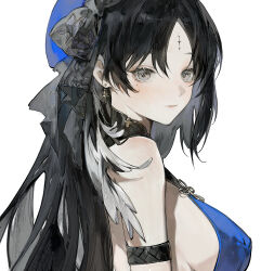 Rule 34 | 1girl, arm strap, bare shoulders, black bow, black collar, black hair, blue beret, blue shirt, bow, breasts, closed mouth, collar, commentary, earrings, english commentary, grey eyes, hair bow, highres, jewelry, large breasts, long hair, looking at viewer, multicolored hair, parted bangs, secretfj520, shirt, sideboob, simple background, solo, streaked hair, tacet mark (wuthering waves), white background, white hair, wuthering waves, yangyang (wuthering waves)