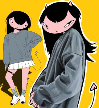 Rule 34 | 1girl, absurdres, black outline, blue shirt, blue socks, chewchewer, closed mouth, colored skin, commentary, demon, demon girl, demon horns, demon tail, english commentary, expressionless, hand on own hip, highres, horns, kappa (chewchewer), looking at viewer, loose socks, microsoft paint (medium), multiple views, original, outline, own hands together, red skin, shadow, shirt, shoes, simple background, skirt, socks, solo, tail, thick outlines, thigh strap, white outline, white shoes, white skirt, yellow background