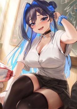Rule 34 | 1girl, 1other, :d, arm up, armpits, black bra, black choker, black skirt, blue eyes, blue hair, bra, bra peek, breasts, chalkboard, choker, cleavage, collared shirt, colored inner hair, commentary, english commentary, hair bun, hair intakes, highres, hololive, hololive english, indoors, large breasts, long hair, looking at viewer, miniskirt, multicolored hair, open mouth, ouro kronii, padoruu, pendant choker, pleated skirt, pov, pov hands, school uniform, scrunchie, shirt, short sleeves, side up bun, single hair bun, sitting, skirt, smile, solo focus, thighhighs, underwear, virtual youtuber, white shirt, wrist scrunchie