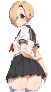 1girl aki_(sangetusei) arm_behind_back ass black_skirt blonde_hair closed_mouth cowboy_shot ear_piercing from_behind hair_over_one_eye highres idolmaster idolmaster_cinderella_girls looking_at_viewer looking_back miniskirt neckerchief piercing pleated_skirt red_eyes red_neckerchief school_uniform serafuku shirasaka_koume shirt short_hair short_sleeves side-tie_peek simple_background skindentation skirt smile solo standing thighhighs white_background white_shirt white_thighhighs