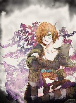 1girl 3: armor black_armor black_gloves blonde_hair breasts cleavage closed_mouth collarbone commentary copyright_name facial_mark final_fantasy final_fantasy_xiv fordola_rem_lupis gloves green_eyes hair_over_one_eye hand_on_own_knee hyur multicolored_hair orange_hair ruka_(blueplus84) short_hair sitting solo twitter_username two-tone_hair