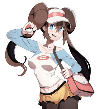Rule 34 | bag, breasts, brown hair, brown pantyhose, collarbone, double bun, hair bun, highres, holding, holding poke ball, long sleeves, looking at viewer, medium breasts, nintendo, open mouth, pantyhose, poke ball, pokemon, pokemon bw2, rosa (pokemon), sho-n-d, shoulder bag, simple background, skirt, smile, solo, standing, teeth, tongue, twintails, visor cap, white background, yellow skirt