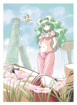 1boy 1girl armlet arms_behind_back bikini black_hair blue_sky border breasts capelet circlet cleavage commentary_request earrings flower flying grass green_eyes green_hair harem_pants highres jewelry lakshu long_hair looking_at_another lying medium_breasts mii_(shurato) mushroom navel neck_ring on_back on_grass outdoors pants parted_lips pillar pink_bikini pink_capelet pink_flower ruins scene_reference see-through_capelet see-through_clothes see-through_pants short_hair shoulder_pads shura-oh_shurato sidelocks sky standing swimsuit tail tenkuu_senki_shurato wavy_hair white_border wings yellow_fur yoshinaga_masahiro