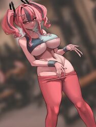 Rule 34 | 1girl, absurdres, alternate costume, azur lane, bandaid, bandaids on nipples, bare shoulders, blurry, blurry background, blush, breasts, bremerton (azur lane), clothes pull, collarbone, commentary, cowboy shot, dutch angle, female pubic hair, grey hair, grey sports bra, groin, gyaru v, hair between eyes, hair intakes, hair ornament, highres, large breasts, long hair, looking at viewer, mole, mole under eye, multicolored hair, navel, pants, pants pull, pasties, pink eyes, pink hair, pink pants, pubic hair, sidelocks, soldat (dndosld73832), solo, sports bra, standing, stomach, streaked hair, sweat, sweatband, tight clothes, tight pants, tongue, tongue out, twintails, two-tone hair, underboob, v, white sports bra, x hair ornament