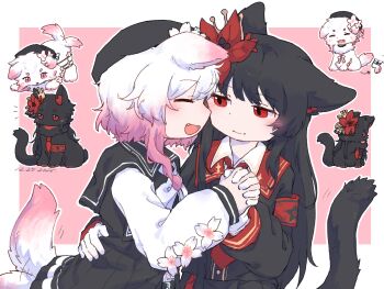 2girls animal_ears animalization beret black_cat black_hair black_hat black_jacket black_shirt black_skirt cat cat_ears cat_girl cat_tail closed_mouth dog dog_ears dog_girl dog_tail fang flower gradient_hair hair_flower hair_ornament hand_on_another's_back hat highres holding_hands interlocked_fingers jacket kemonomimi_mode long_hair long_sleeves looking_at_another mahou_shoujo_no_majo_saiban multicolored_hair multiple_girls necktie nikaido_hiro open_mouth pink_background pink_hair profile red_eyes red_flower red_necktie sakuraba_ema shirt short_hair skirt smile tail tail_wagging vwv white_dog white_flower white_hair
