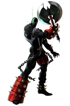 Rule 34 | 1boy, axe, chain, claws, crossover, demon, formal clothes, glowing, glowing eyes, green eyes, highres, male focus, official art, soul calibur, soulcalibur, soulcalibur ii, spawn (comic), spawn (spawn), spikes, suit, weapon, white background